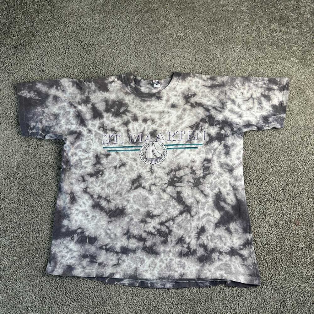 VINTAGE St Marteen Shirt Mens Extra Large Gray White Tie Dye Single Stitch 90s